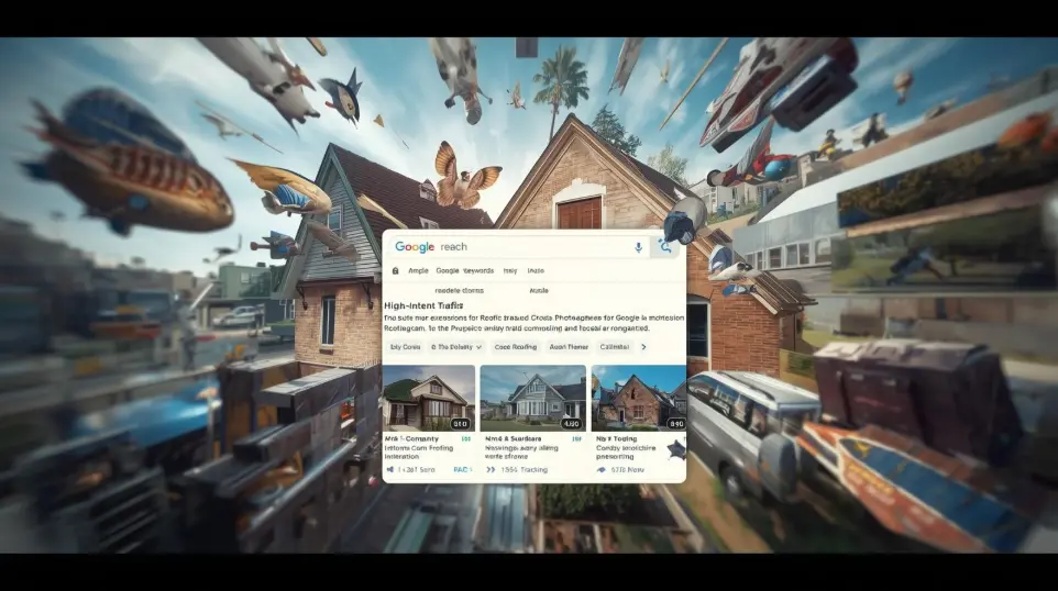 A roofing contractor discussing project plans with a homeowner on a suburban rooftop during sunset.